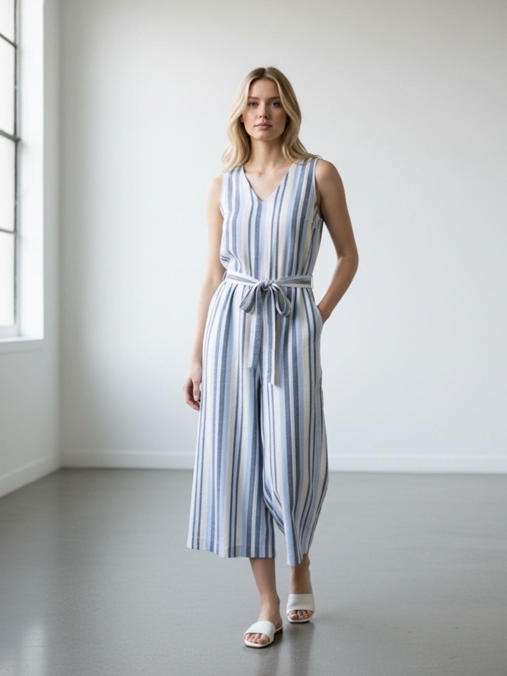 Cloth & Stone Anthropologie Gray White Linen Blend Striped Belted Jumpsuit Small